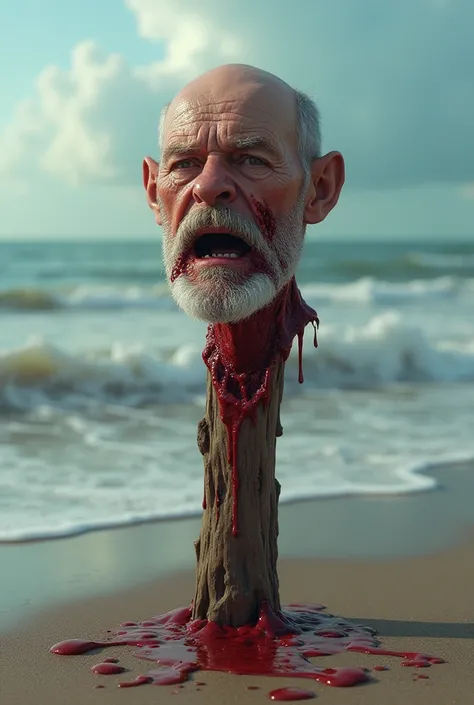 70 years old,  white and bald , with short beard,  with a decapitated head, on a wooden stake , With his neck dripping blood on the floor, on a beach with the sea in the background
