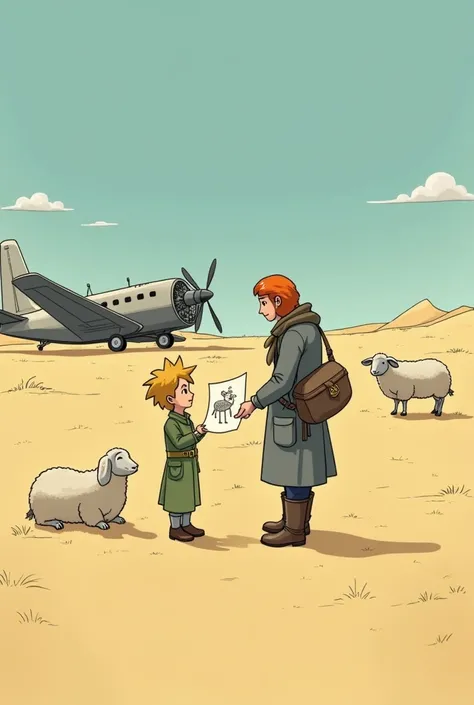 A scene from the story of The Little Prince, where the pilot is sitting in the sand with his plane broken down in the background, while The Little Prince is standing in front of him, showing him a drawing of a sheep