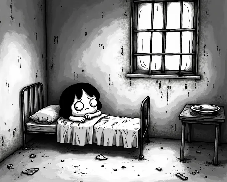 Girls in a prison cell 
Cartoon vibe 
Black and white ink style
Not anime
Not anime 