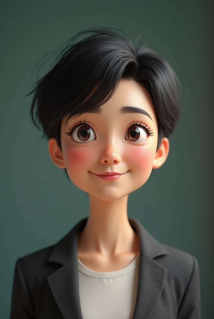 Create a teacher looking forward, with short black hair.  with Black eyes, Skinny and a beautiful smile.