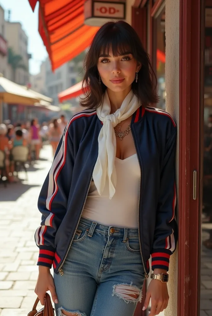 Head to toe full body beautiful white pale skin medium breast very thin skinny lebanese woman, 5'7" tall, medium brown hair with bangs, deep small brown round eyes, wearing full zipper (from the neck to down) zip up tight nylon dark navy blue bomber jacket...