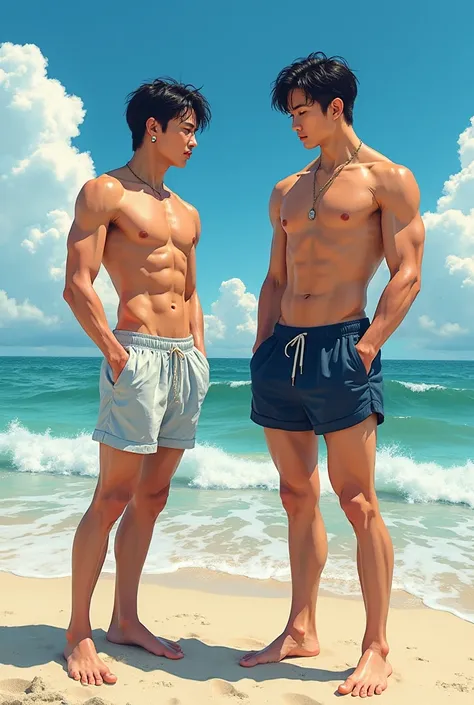 two korean men at the beach, a detailed painting by Hirohiko Araki, featured on pixiv, analytical art, detailed painting, 2d game art, official art