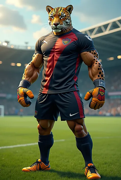 strong jaguar in soccer attire and soccer cleats with goalkeeper gloves on a soccer field under a soccer goal