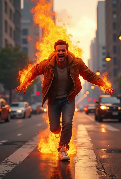 **" A scene in the visual style of games like GTA ,  showing a burning character running desperately down an urban street.  The character wears casual clothes , such as a jacket ,  jeans and sneakers ,  with waving arms and a panicked expression on the fac...