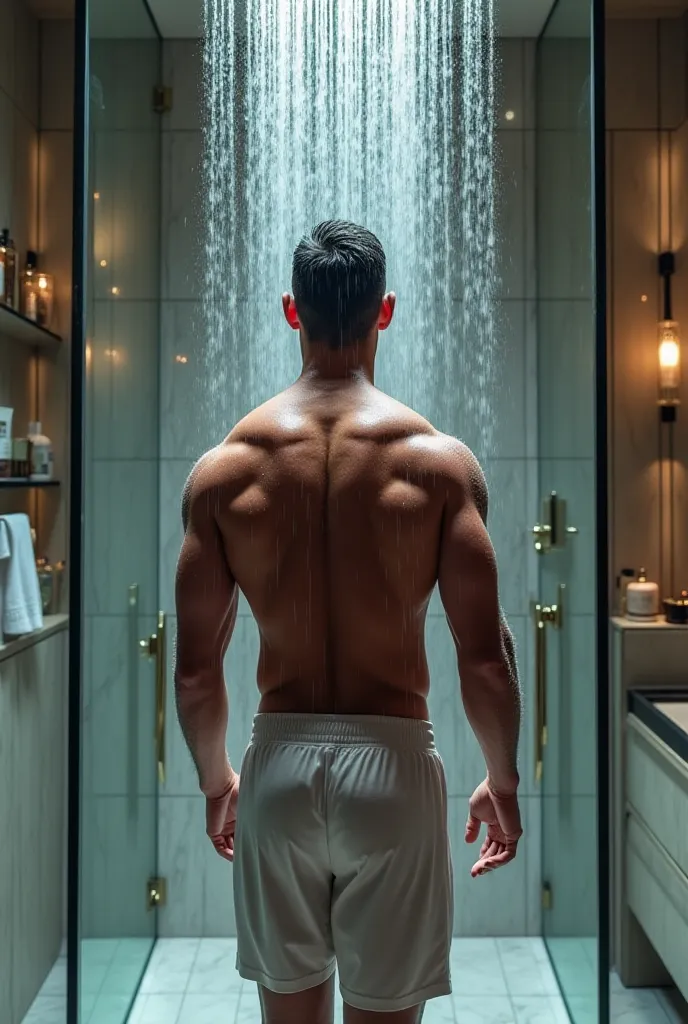 Ultrahd hyper realístic 4k HD

"First-person view of Cristiano Ronaldo taking an ice-cold shower in a luxurious and modern bathroom. The cold water cascades over his defined body, highlighting toned muscles and creating a realistic effect of water droplets...