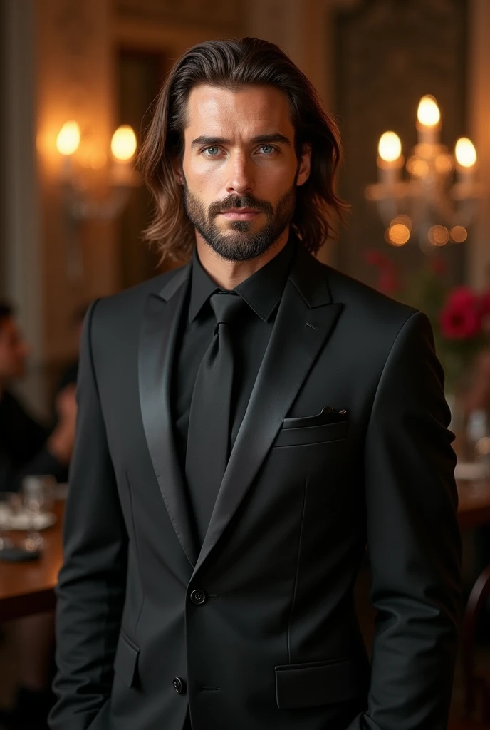   handsome and attractive young and very attractive ,  With a beard and white skin  ,   blue eyes and long brown hair to the shoulder ,  wearing a black suit celebrating his birthday 