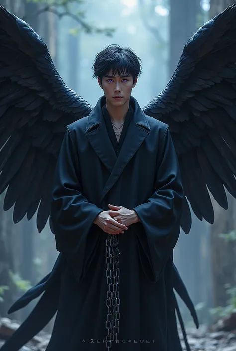 Young guy, handsome, chinese, with crow wings, holding a chains, purple eyes,  and have a background name "METEOR"