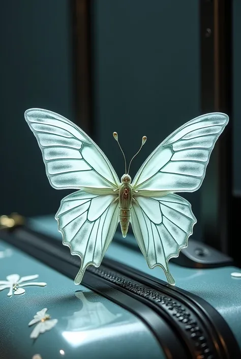 there is a butterfly on the handle of a suitcase, white outline, butterfly, butterfly wings, photo of a mechanical butterfly, silicone patch design, translucent wings, half-woman half-butterfly, large white wings, etched breastplate, butterfly embroidery, ...