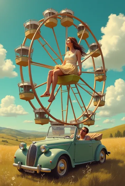 Women sitting in a giant wheel with a smile on her face and a men driving his car thinking about that women at down 