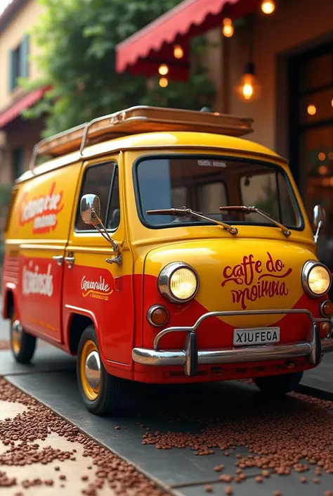 Fiat Fiorino yellow red with coffee beans written on the sides CAFE DO MOINHO
