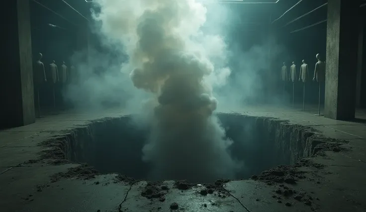 Large hole in the ground. smoke is shooting out from the hole. Low camera shot. Behind in soft focus is a smoky warehouse interior with mannequins 