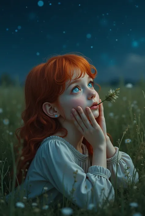 A side-angle shot ,  is a red-haired girl, who looks like a boy, with brown spots and big blue eyes,  lying in a meadow with her hands under her head ,  holding a long herb stalk in her mouth ,  gazing at the starry sky , my mood, ( best quality,4K,8k, hig...