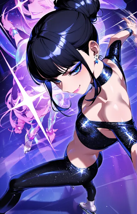 (sfw:1.5), makeup gyaru, cool beauty, solo girl ,glitter black costume, figure_skating, black hair, blue eyes, single hair bun, slender, small breast, serious, smug, afterimage, perspective, from side