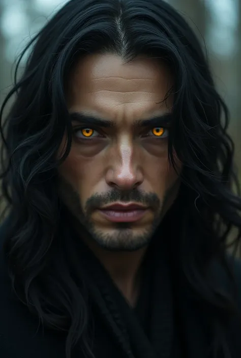 man, Caucasian,  golden eyes,  long black hair slightly wavy and very full.  slightly rounder face .