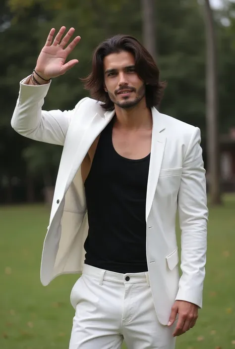 I want a picture of a very handsome DJ with a model body, wearing a black tank top and a white suit outside, standing and waving to the FC. His name is DJ mj. He is a very handsome Asian with long hair.