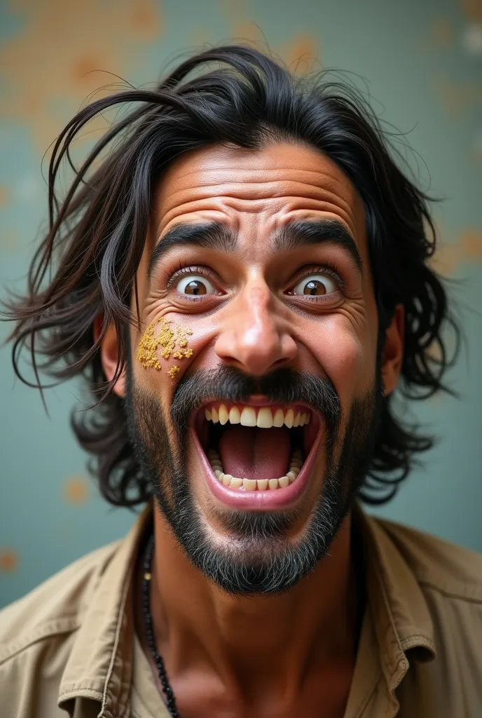 Create a young Afghan with long hair and a goatee. He has funny faces and he has a lot of dirt on his face