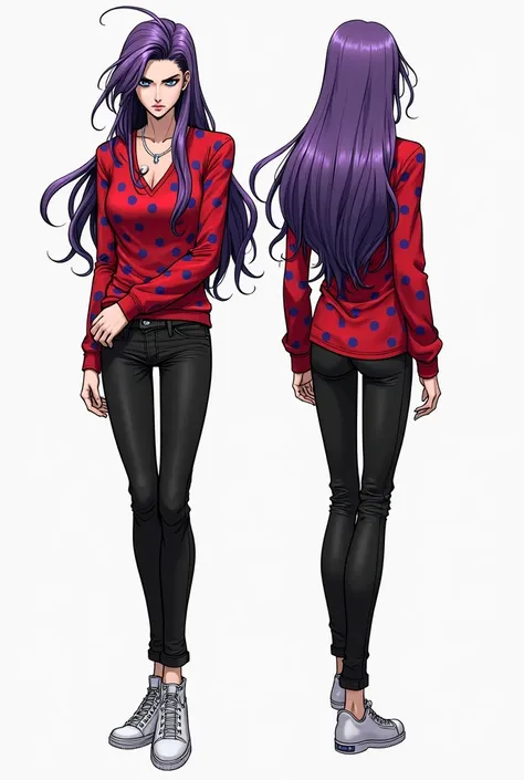 drawing of a full-body character with a front and side image posing as JOJO with long purple hair wearing a long-sleeved red shirt with blue dots and black denim pants,  monochrome background 