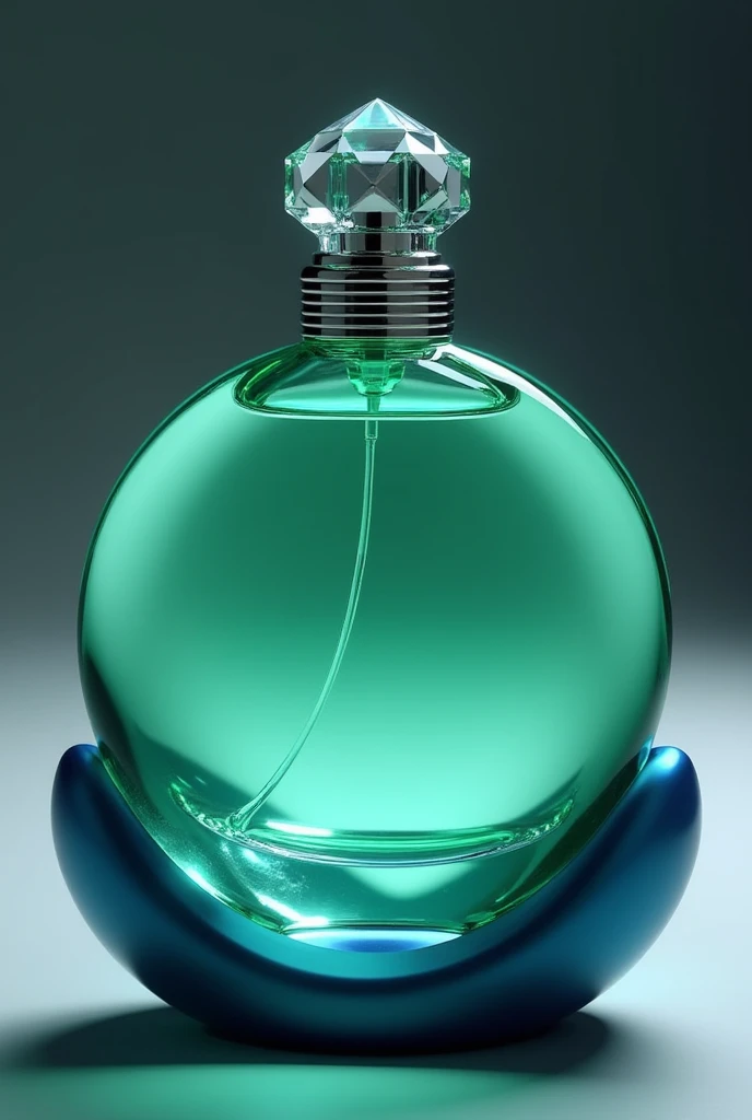 Circular bottle ,  with a capacity of 100ml , transparent phosphorescent green glass material ,  In the center of the bottle ,  The cap is silver ,  with a geometric design that adapts to the bottle , The bottle comes with a deep blue crescent shaped holde...