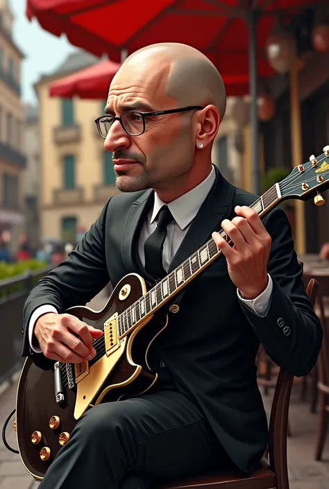 
Caricature of a bald man without a hairs in face, Barbilampiño and  shaved, nariz puntiaguda  and glasses, shaved, dressed in an elegant suit, wears a Gibson Les Paul guitar of black and white on the terrace of the Berlin bar. The name is seen the musicia...