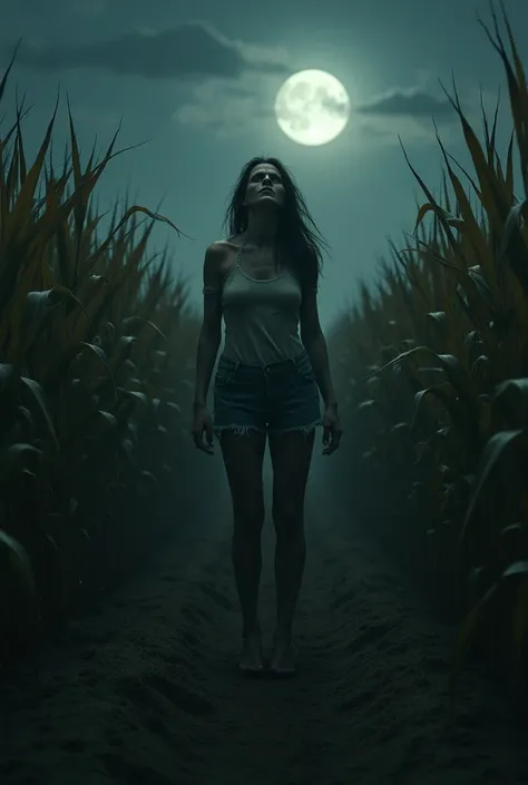 A terrified woman has horse feet in the middle of a cornfield in the dark of the night 