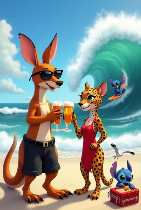 Male kangaroo wearing sunglasses and black shorts with a female leopard dressed in red on the seashore toasting with beer while Stitch surfs a giant wave and a seagull steals a piece of food from a lunchbox.