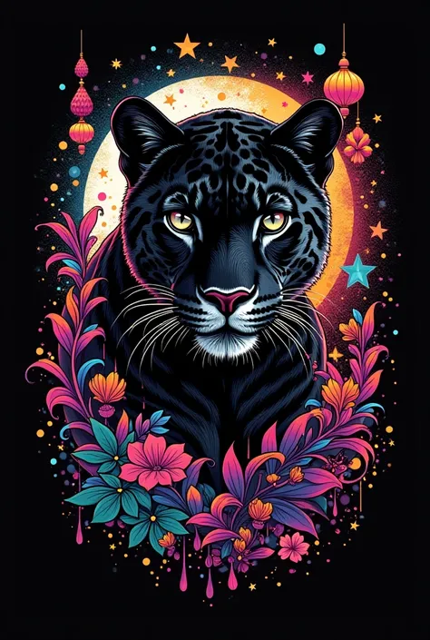 
A black t-shirt with a Jaguar and something about carnivals and neon touches
