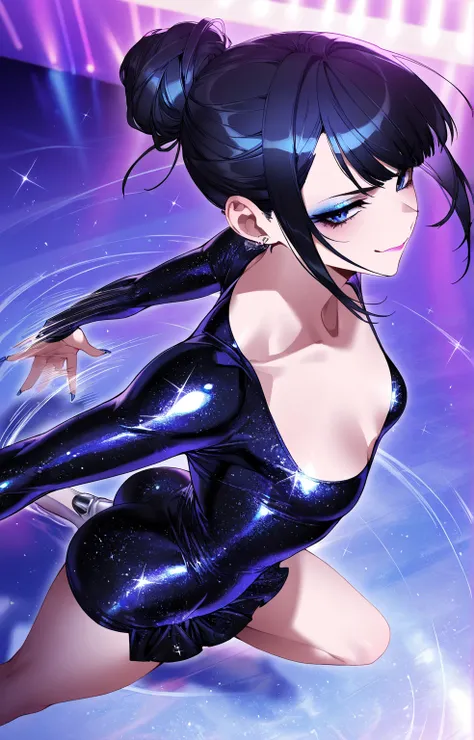 (sfw:1.5), makeup gyaru, cool beauty, solo girl ,glitter black costume, figure_skating, black hair, blue eyes, single hair bun, slender, small breast, serious, smug, afterimage, perspective, from side