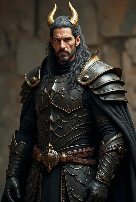 Real 44-year-old man Tall ,  muscular,  Black hair with silver locks ,  golden eyes.
 •Wears black armor with gold details in the form of flames ,  layer of dragon scales and a crown of golden dragon horns