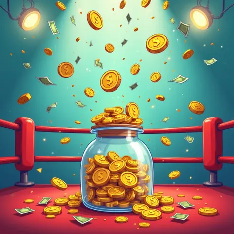 cartoon funny boxing themed background, tip, money falling from sky, golden coins, tip jar
