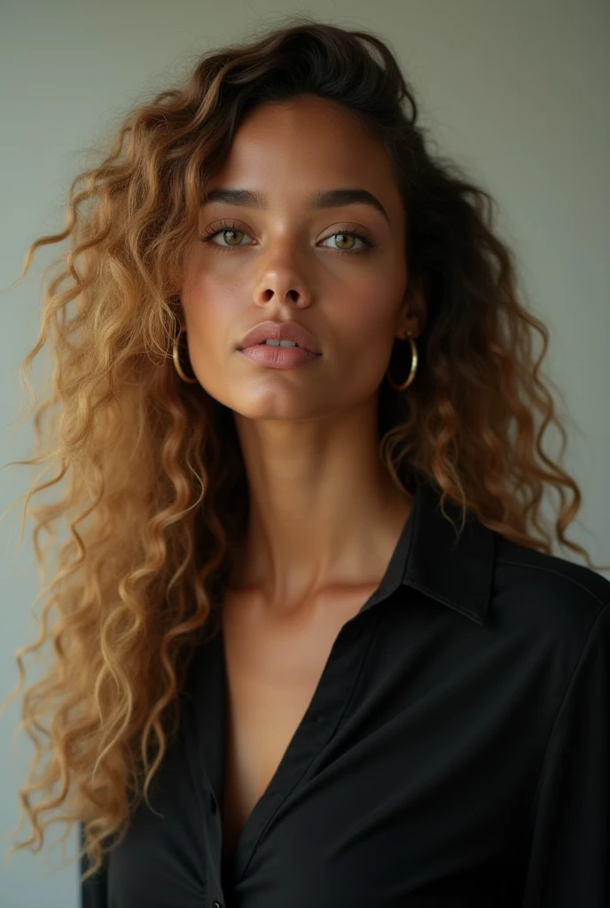 Poster depicting a scene of a 24-year-old American woman 
3A long golden curly hair 
Green eyes 
Pele :Preta
With the black blouse 