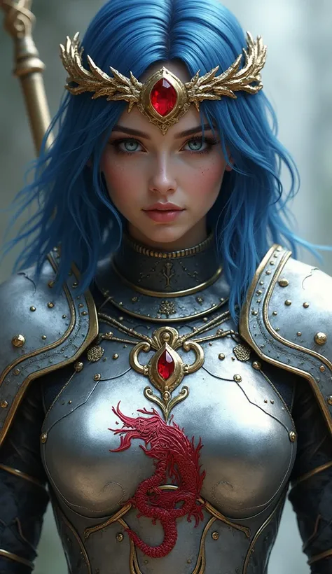 Upper body of a female warrior,  blue shoulder length hair, intricate gold circlet with ruby centered, silver armor chest plate with seams/rivets detailing and a red dragon etching 