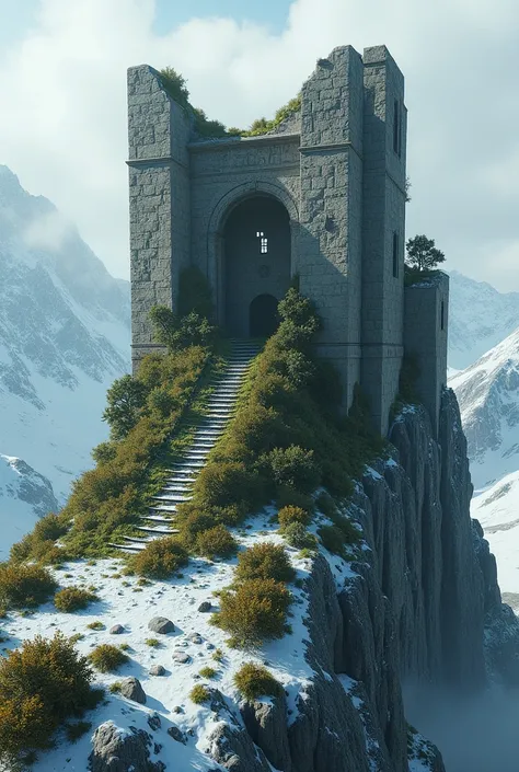 Sur  le sommet d une montagne enneigée  ,une vieille construction en ruines avec des escaliers , tout est envahi enseveli par la végétation , ,photo réaliste  ,arbuste  , vue du haut,vu plongeante 