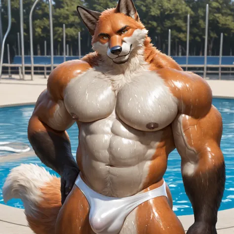 furry male, bara, mature male, solo, bara, bare pectorals, biceps, furry, furry male, detailed fur, fox boy, fox tail, fox ears, older, looking at viewer, huge bodybuilder, (slightly chubby:0.95), muscular male, shirt covered nipples, veins, big pectorals,...