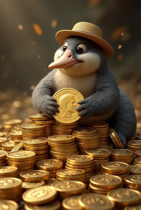 A platypus in a hat lies on a mountain of coins, holding a gold coin with your own image