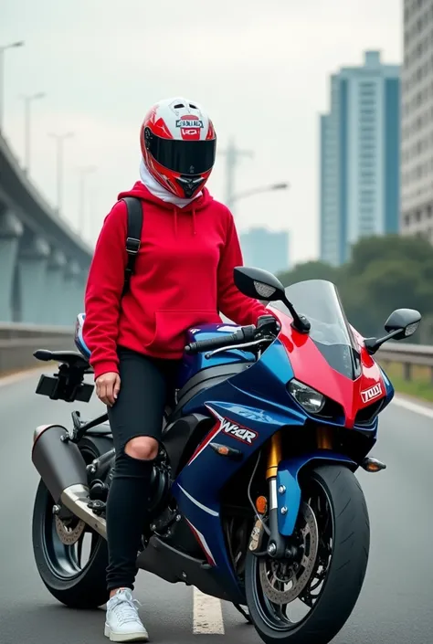 Long distance photo of asian woman in clean white hijab. With a protruding chest shape. age 18 years.  Wearing a red plus size Hoodie jacket. long black ripped jeans and jordan shoes. Wearing a red white full face KYT racing helmet. Degan poses elegantly s...