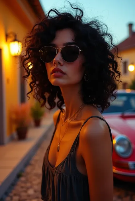 A black-haired girl of Portuguese citizenship with curly black hair wearing sunglasses on an open-air evening in front of a 911 porch