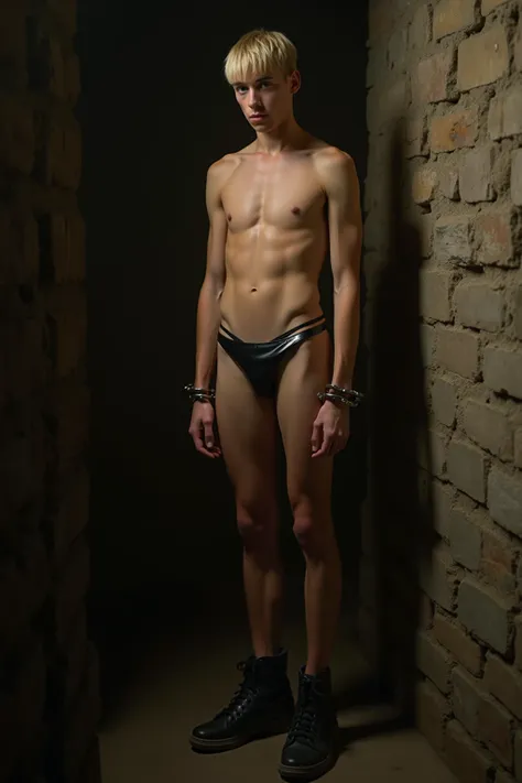 Hyper realistic photo. In his mistress's dungeon, a tall skinny 18-year-old-slaveboy, clean shaven with short straight blond hair wearing sexy skimpy black PVC g-string and black trainers. His hands and ankles are shackled and chained to the wall.