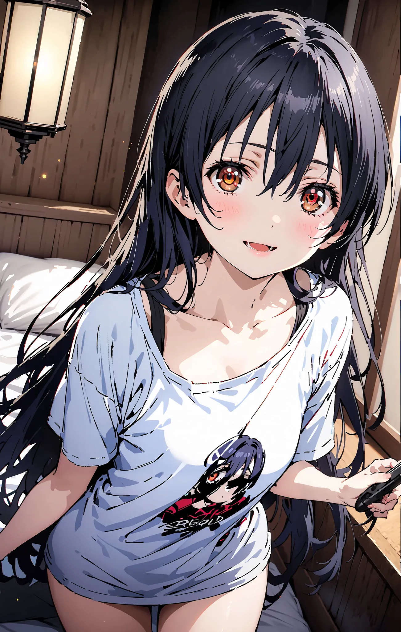   Sonoda Umi  ,  long hair, bangs,  hair between eyes,  brown eyes, smile,sleepy, open the mouth, Lantern,hair straightener,Un blouse,  loose t-shirt , one shoulder, Long Sleeve,Black string underwear ,Bare legs, bed with my thighs, beautiful scenery, resi...