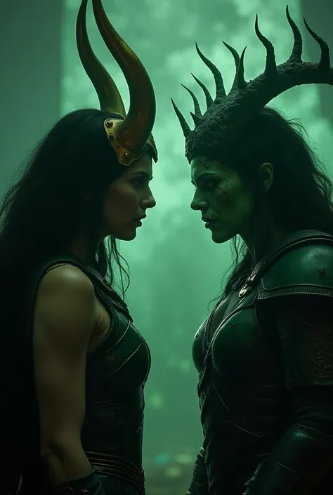 "loki,  from Norse Mythology ,  with an appearance similar to that of the UCM ,  wears her green and gold armor ,  with the iconic crown of curved horns .  Her gaze is intense and challenging , while staring at Hela , the goddess of death.  Hela wears her ...