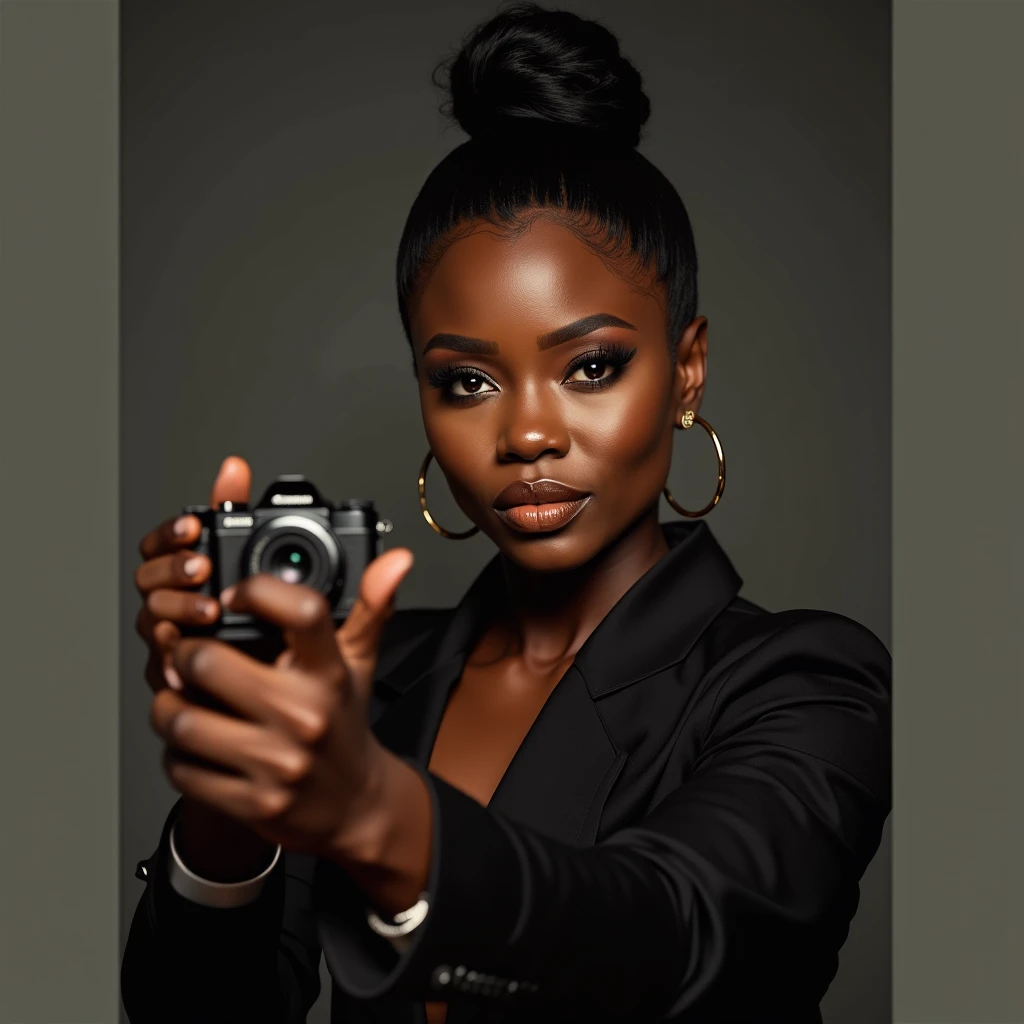 there is a black woman , the woman has her hair slicked back in to a bun and her baby hairs are styled, she has brown skin, with  brownish skin, with she is taking a long shot selfie