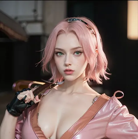 young woman, short shoulder-length pink hair, wide forehead, porcelain skin, pink eyebrows, big emerald green eyes, buttoned nose, full lips, heart-shaped face, slender body, small breasts, leather military green clothing, Sakura Haruno , realistic, Realis...