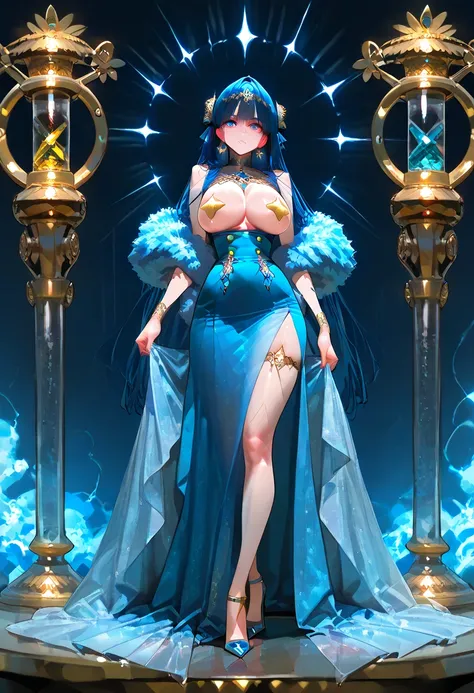 （best qualtiy，tmasterpiece），1个Giant Breasted Girl，Gold,and blue, diamond, minerals，beautiful full-body, concept art，Full body, standing, painting， dark background，looking at viewer，Gorgeous Hair in Long Gold blue gradient，Gold and blue lightning，（long slim...