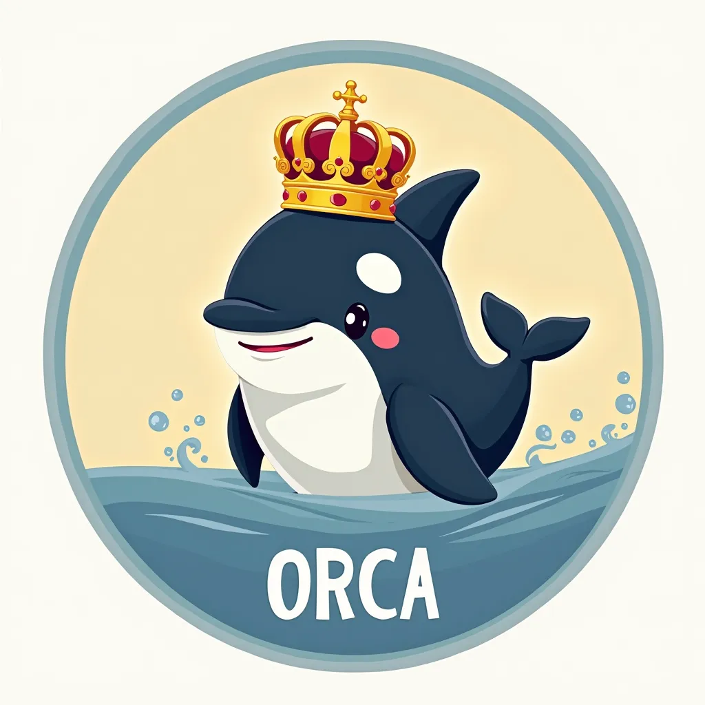 Draw Orca wearing a crown in a cute, cartoon-like way in a round frame with Orca written on it