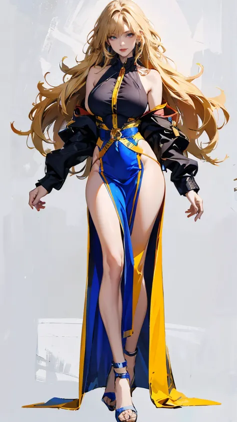 （best qualtiy，tmasterpiece），1个Giant Breasted Girl，Gold,and blue, diamond, minerals，beautiful full-body, concept art，Full body, standing, painting， dark background，looking at viewer，Gorgeous Hair in Long Gold blue gradient，Gold and blue lightning，（long slim...