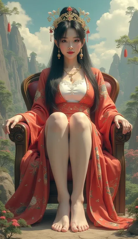 ( masterpiece:1.2,   Best Quality ), (Real pictures,  complicated details), 1 Giant Beauty ,  is unique, whole body, Show legs, Show your feet,  showing sole ,  long hair, Light makeup, Natural fabrics,  Close-up face , giggle,  playful face , Female Giant...