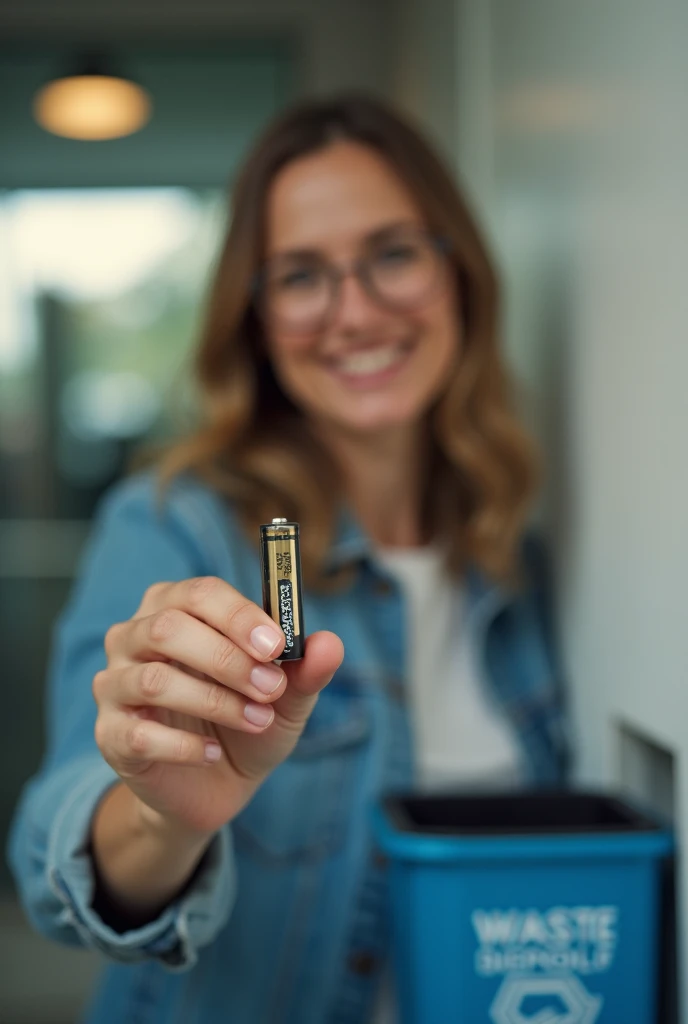  A smiling person holding an AA battery going to dispose of it in an electronic waste bin. He in one scene is well lit, But it's also very important for the person's face to be clear too .  The background is clean and modern ,  conveying a sustainability m...