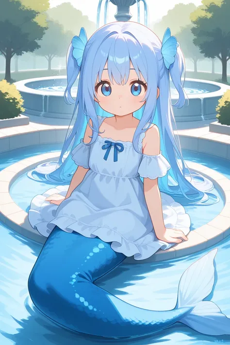 1girl, blue eyes, chino_kafuu, periwinkle colored hair, tiny, cute, innocent, long hair, hair ornament, mermaid, light blue fish tail, partially submerged, fountain, looking at viewer, awe expression, innocent, (clothed, ultra kawaii), whte frill dress, hd...