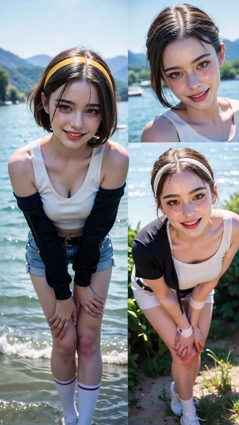 1 woman, mature woman, solo, NOT DASHA TARAN, full body standing, perfect body, best quality, 32k, photograph, full body (head to toe), tone mapping, perfectly straight body position, ((houjou satoko,short hair,black hairband,rainbow colors mix hair,violet...