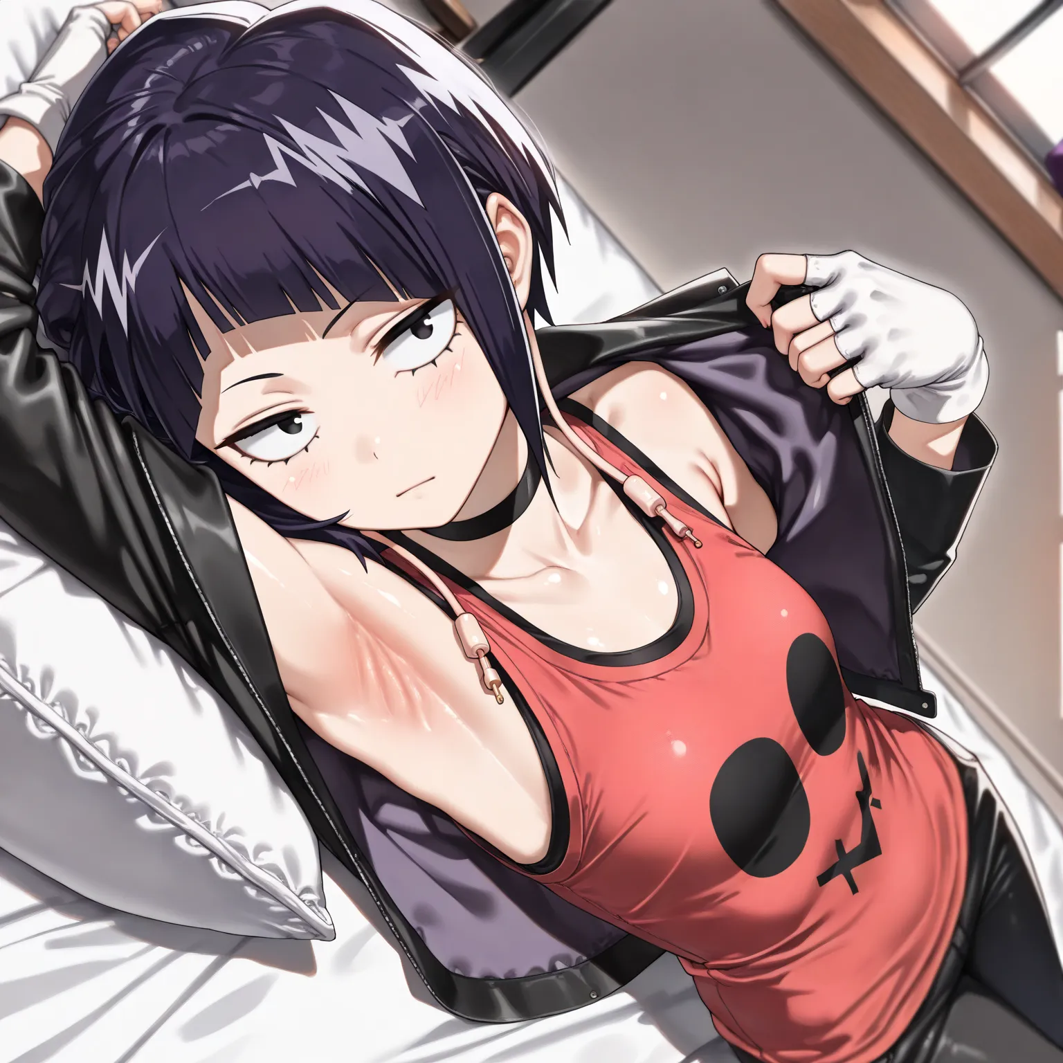 (masterprice, HDR, 2k, High Resolution) jirouSDXL,1girl, short hair, shirt, gloves, jacket, dark purple hair, black eyes,open clothes, choker, pants,white gloves,fingerless gloves,open jacket,black jacket,black pants,red shirt,jirou kyouka ((armpits, zoom ...