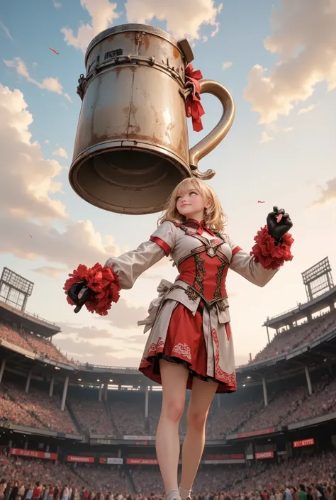 natural photorealistic,1girl\(smily,Looking up,full body,cheerleaders outfit\(Baseball glove on left hand, hands up,arms raised in air),stunding\), fly very large mug in the sky,stadium ground wide shot,Aerial Shot near by mug,masterpiece, best quality